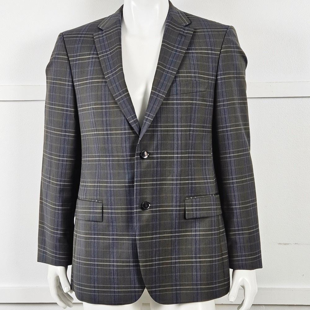 Hugo Boss Paolini Mens 40R Blazer Grey Blue Plaid Check 2-Button Sport Coat